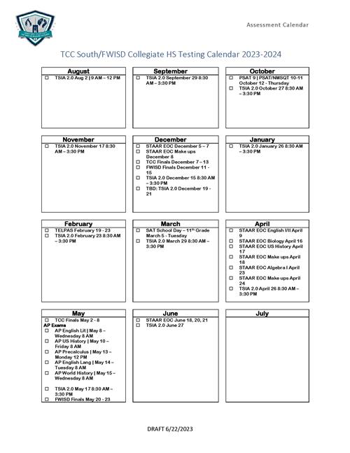 TCC South/FWISD Assessment Calendar 23-24 SY